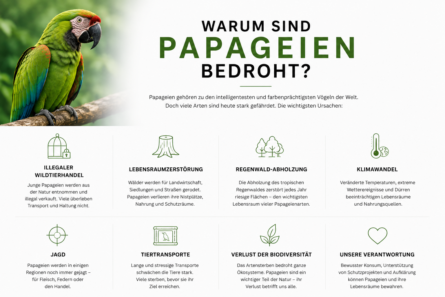 Infografik zur Bedrohung von Papageien
